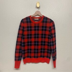 Equipment Femme Red Plaid Print Crew Neck Sweater 100% Wool Size XS
